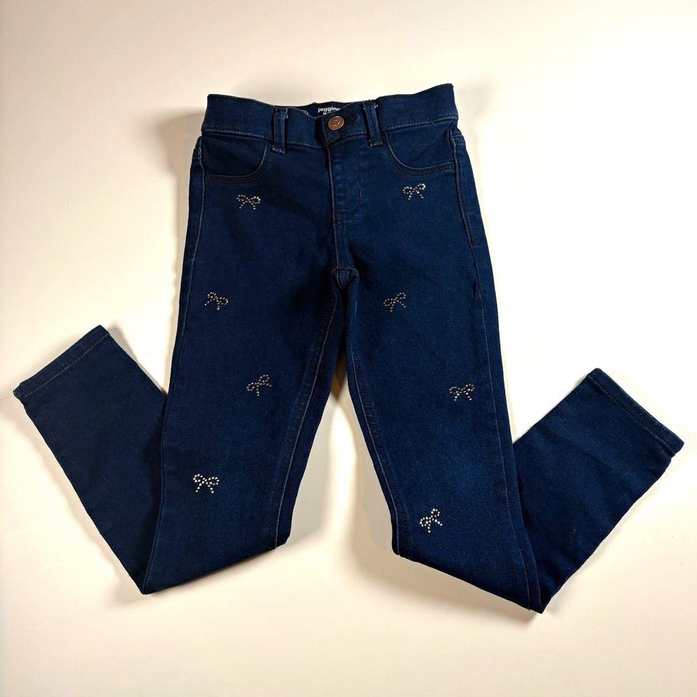 Wonder Nation Girls Jeggings Size M 7-8 Dark Wash Blue Denim Bow Rhinestone Pant